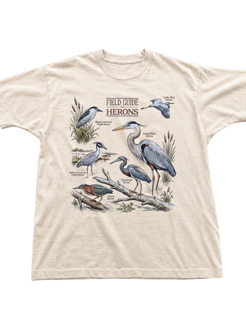 Field Guide to Herons Graphic T-Shirt Wetland Birds Nature Wildlife Tee